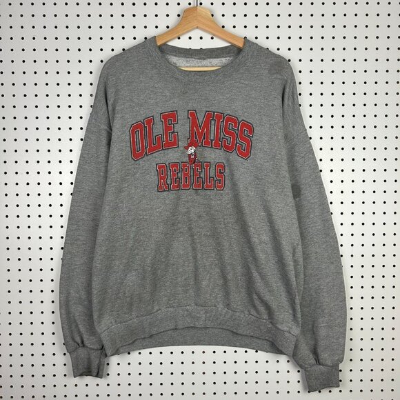 Ole Miss Rebels Vintage Crewneck Sweatshirt Size Large Gray Worn Distressed 90s - Picture 1 of 7